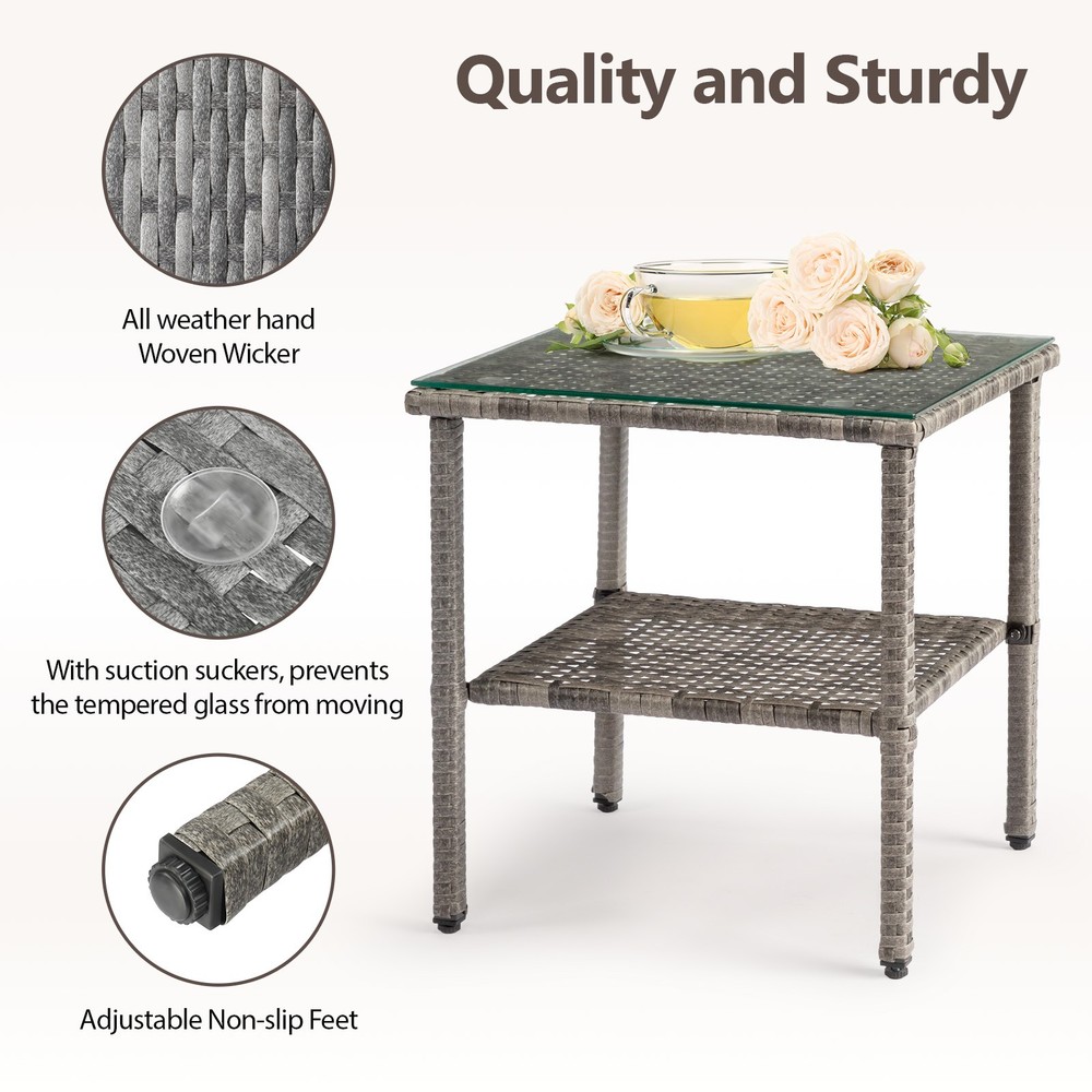 New Square Double-layer Glass Tabletop Gray Gradient Rattan Edge Table.