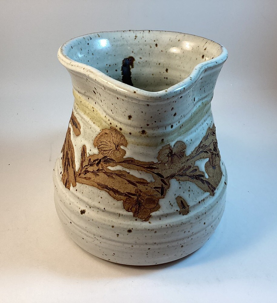Hand Thrown Pottery 36 oz. Pitcher, Etched Design, Signed Baber