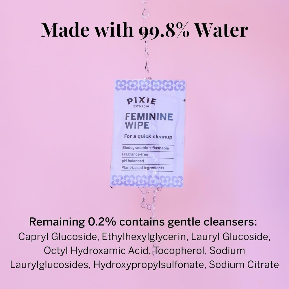 Pixie Feminine Wipes - Flushable, Biodegradable, pH Balanced & Unscented - In...