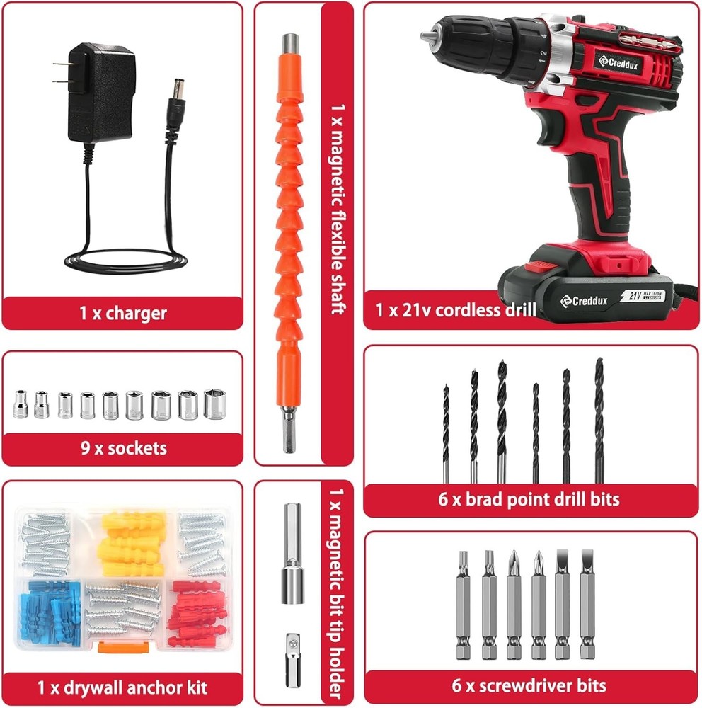 Lightweight 21V Cordless Drill with Variable Speed & Comfort Grip Handle