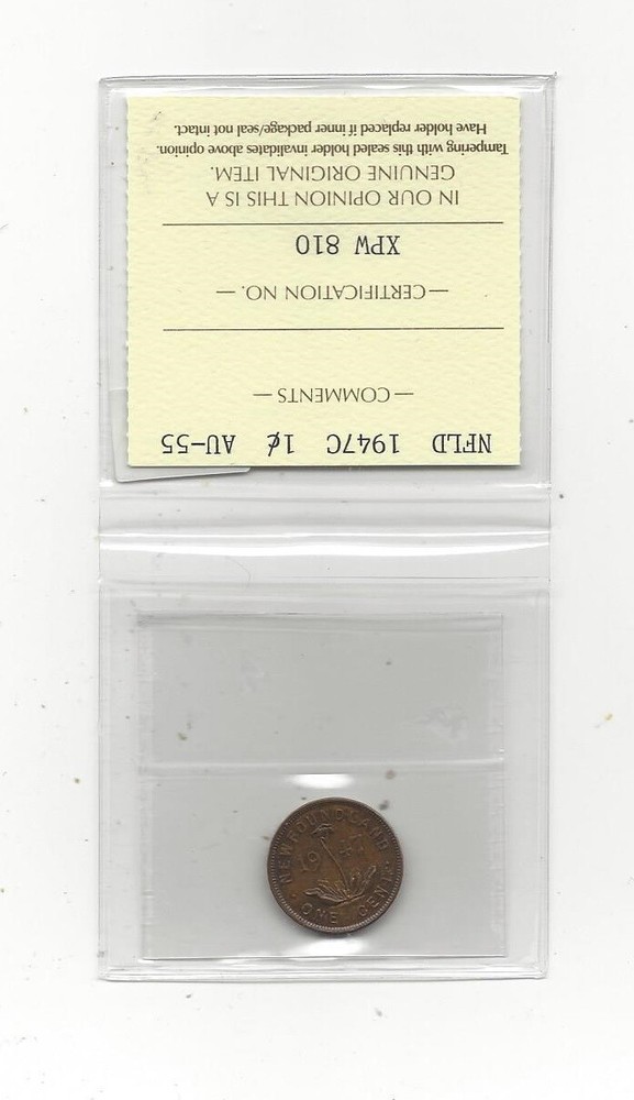 1947c ICCS Graded, Newfoundland Small One Cent, **AU-55**