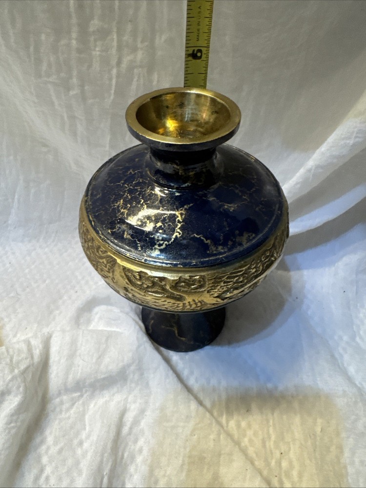 Solid Brass Vase With Blue Marbled Enamel Vintage Cranes Asian Decor