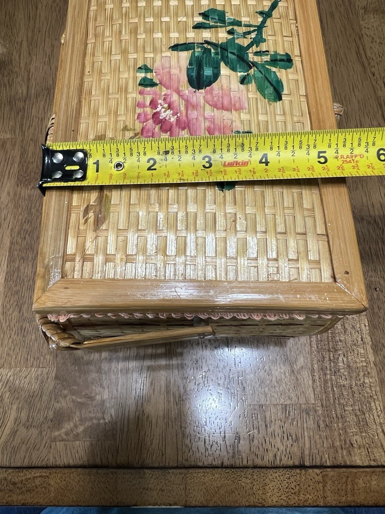 Vintage Wicker Tan Sewing Basket with Handle Painted Lid Lined