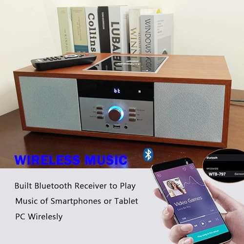 Nostalgic Bluetooth Stereo System for Home, Vintage Micro HiFi Brown CD Player
