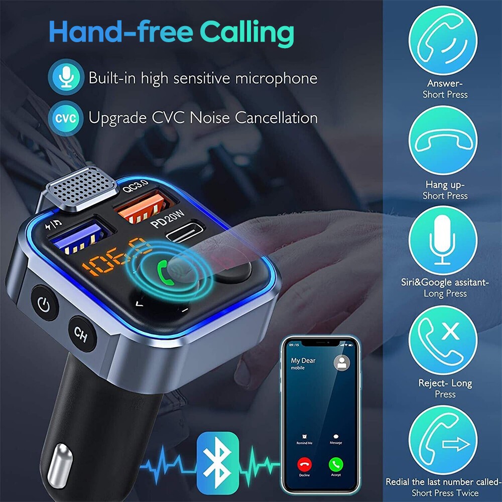 Bluetooth 5.0 Car Wireless FM Transmitter Adapter 2 USB PD Charger Hands-Free