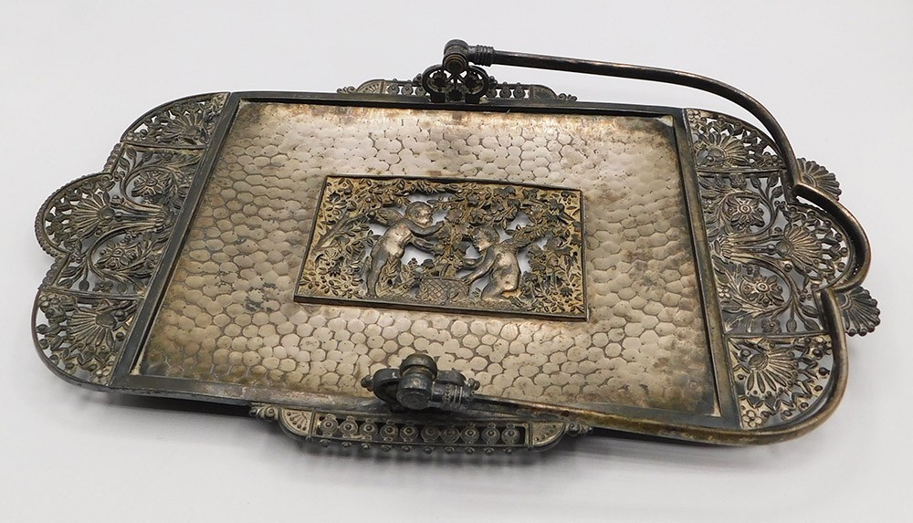 Vintage Large Silver Plated Rectangular Handled Tray w Ornate Cherub Tree Floral