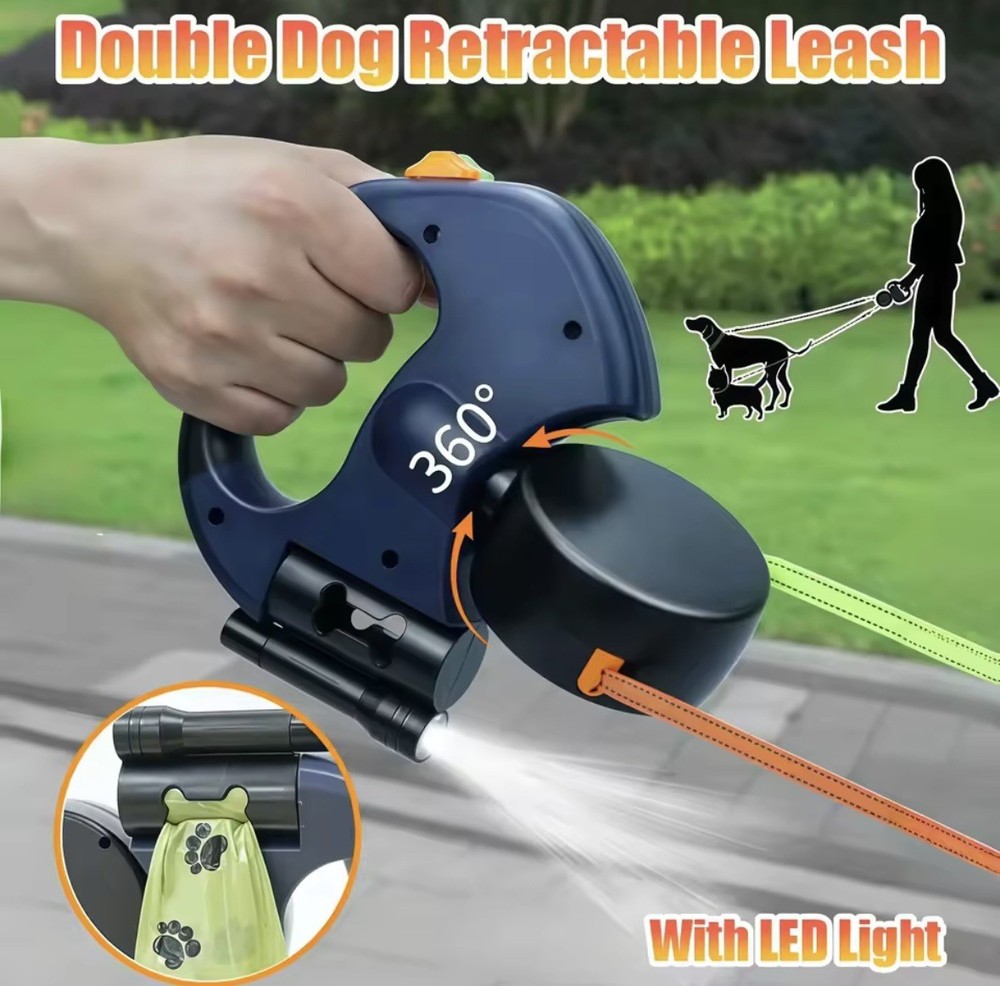 Automatic Retractable Two-End Leash With Flashlight Two Easy To Walk Your Dog