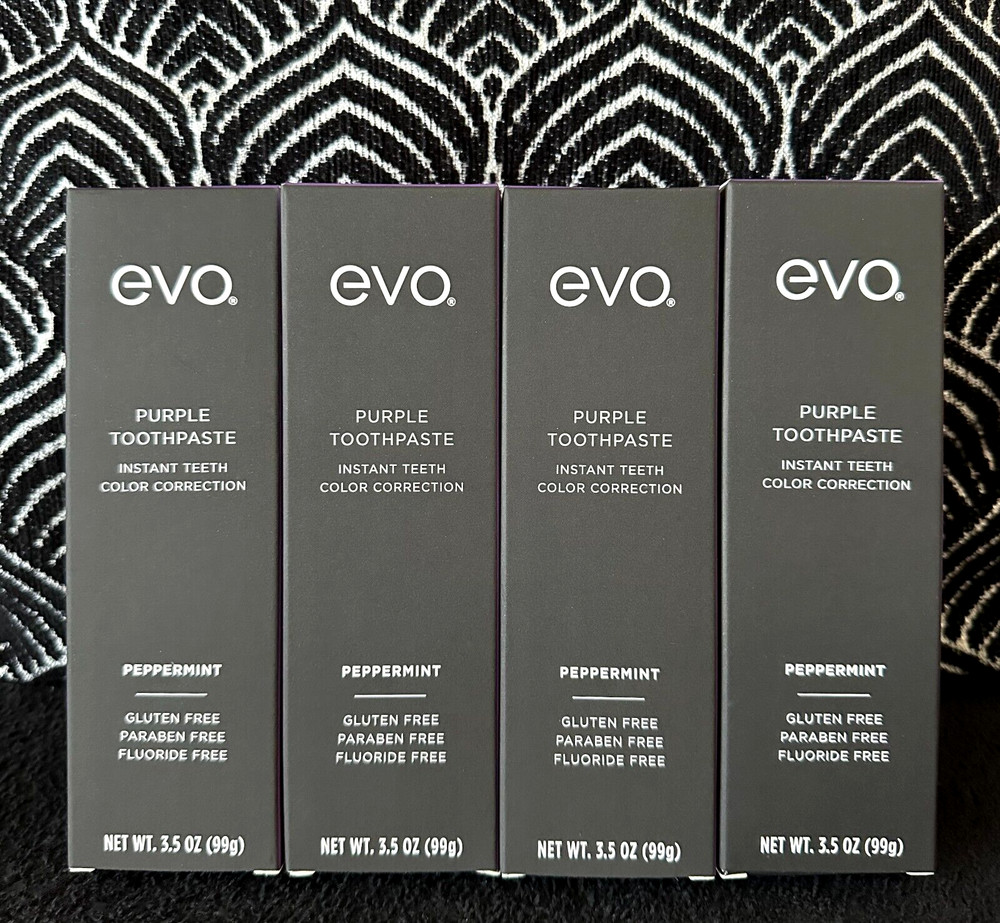 🌺4pk EVO PURPLE INSTANT TEETH COLOR CORRECTION PEPPERMINT WHITENING TOOTHPASTE