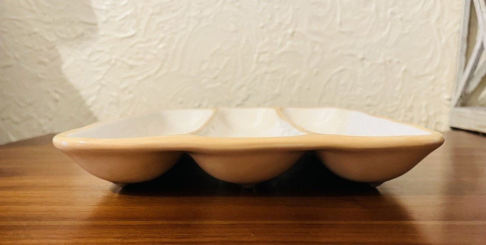 Pottery Barn Rustic Olive Ceramic 3 Part Divided Serving Relish Dish Never Used