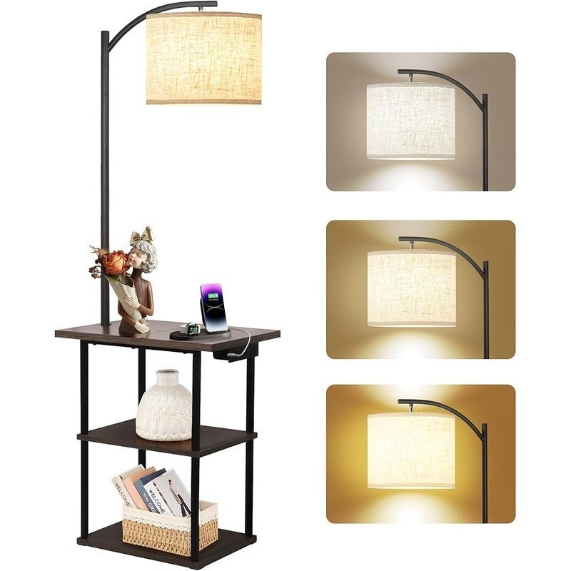 Sturdy Floor Lamp W/ Side Table USB Charging Station Adjustable Warm Light