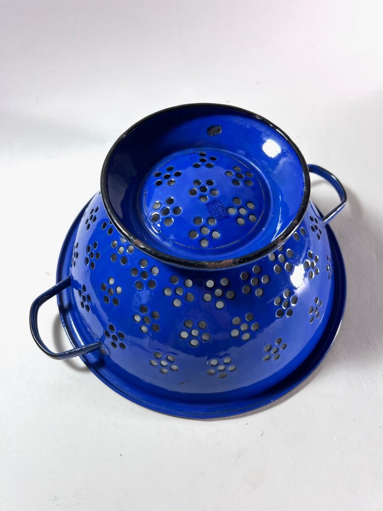 Blue Enameled Colander Japan Vintage Large
