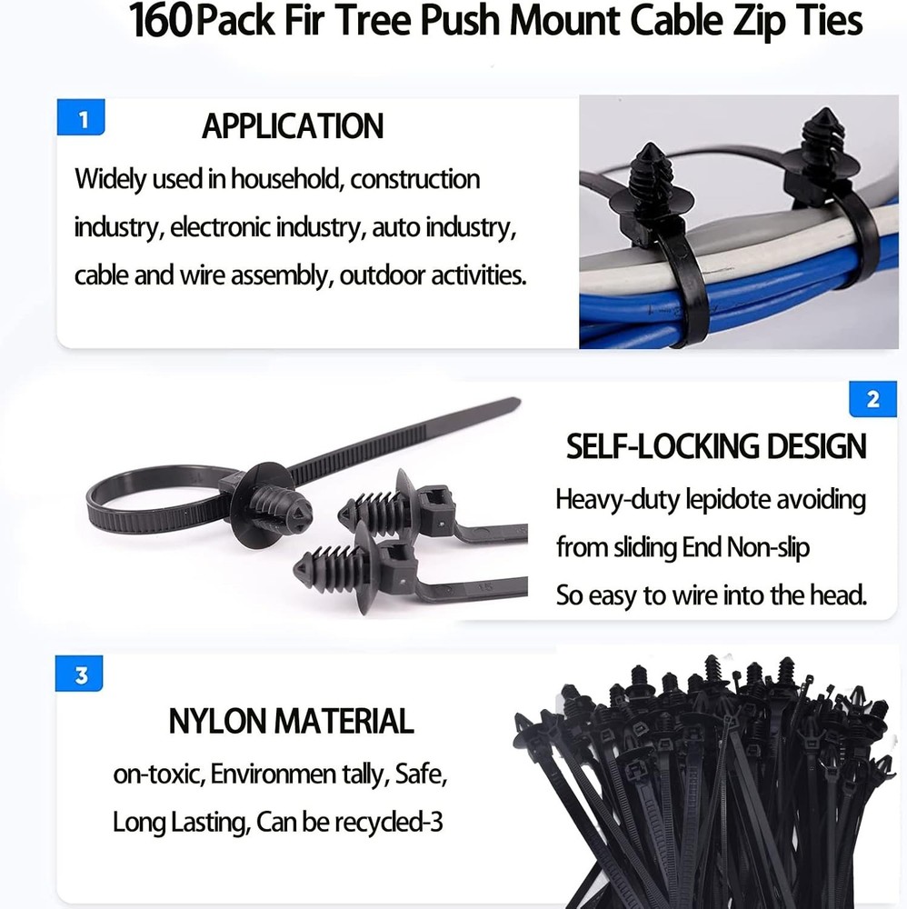 160Pcs Universal Nylon Push Mount Cable Zip Tie, Self Locking Cable Strap,Hea...