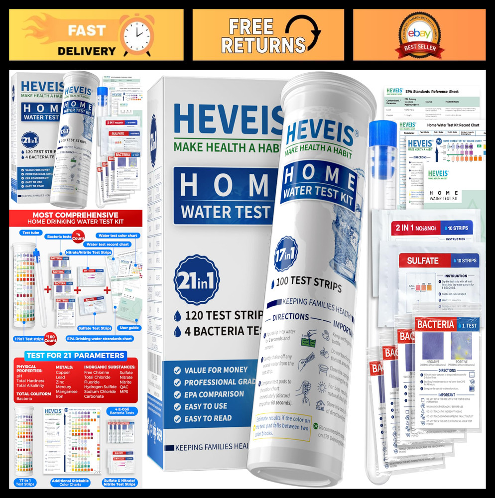 21-in-1 Home Drinking Water Testing Kit - 120 Strips + 4 Bacteria Tests - Tap