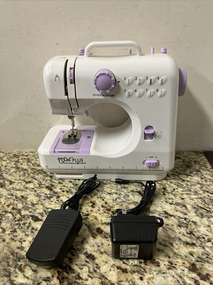 Singer Pixie Plus Sewing Machine Tested Working w/ Box Pedal Adapter