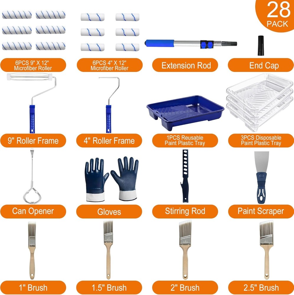 28 PCS Paint Roller Kit with Extension Pole, 4"and 9" Paint Roller, Including Gl