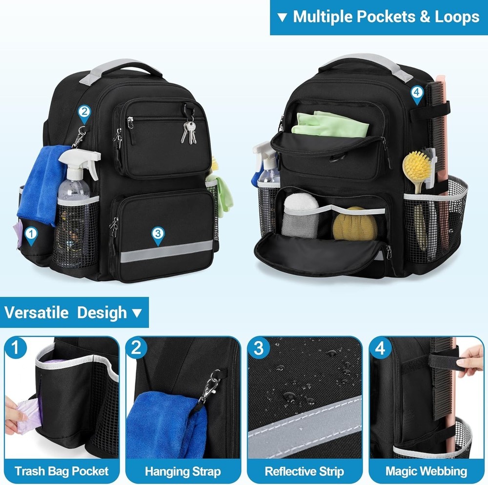 Versatile Cleaning Caddy Backpack with Waterproof Base & 6 Compartment Storage