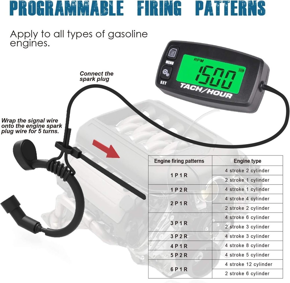 Digital Tach/Hour Meter, Dual-Color Backlight