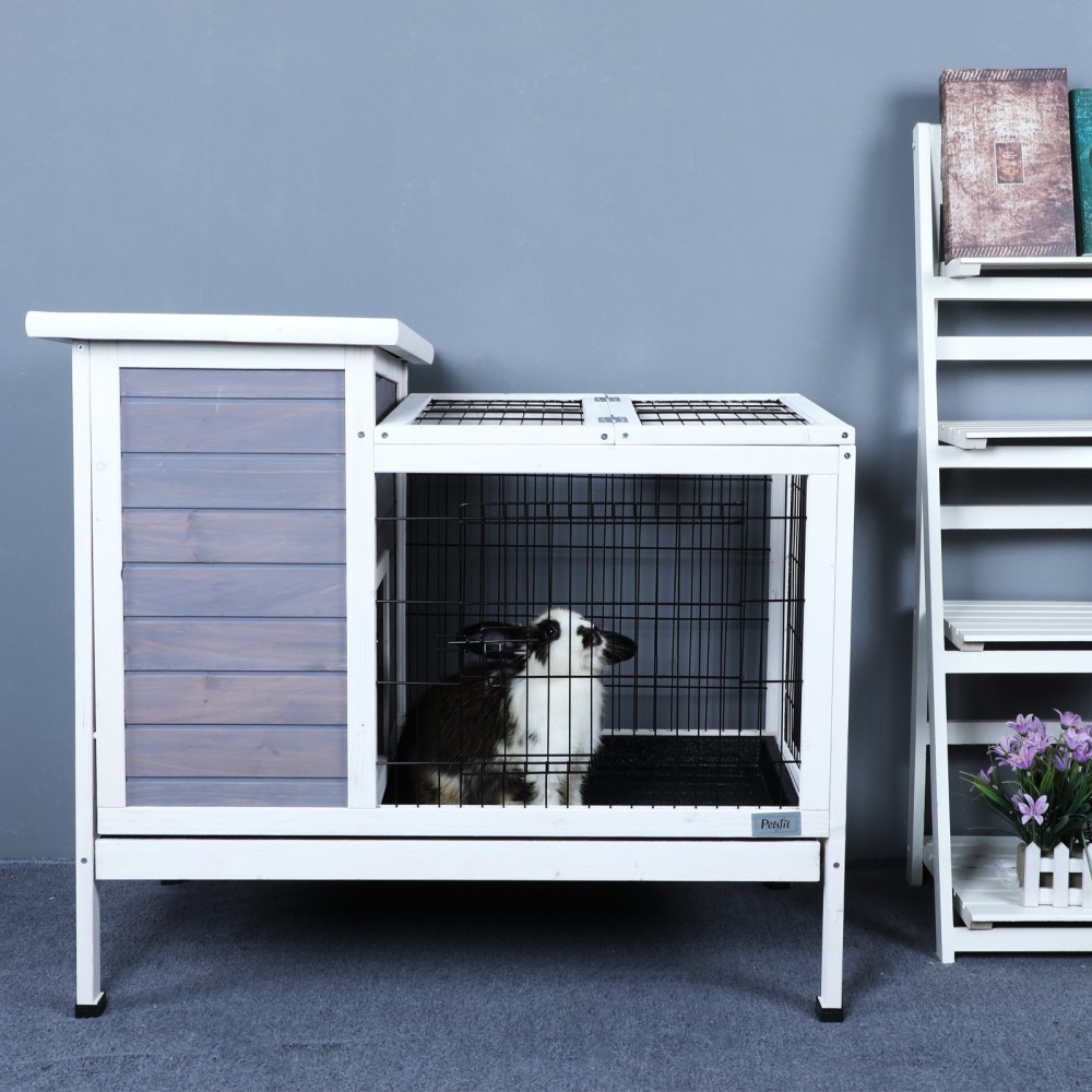 Two-Tier Rabbit Cage with Removable Exercise Run and Leak-Proof Plastic Tray