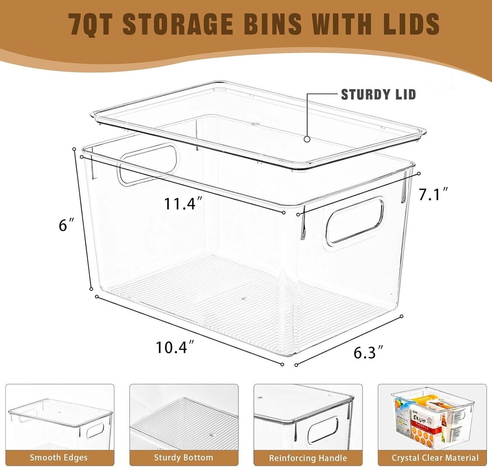6-Pack Clear Storage Bins with Lids, 7-Quart Stackable, Plastic Bins withHandles