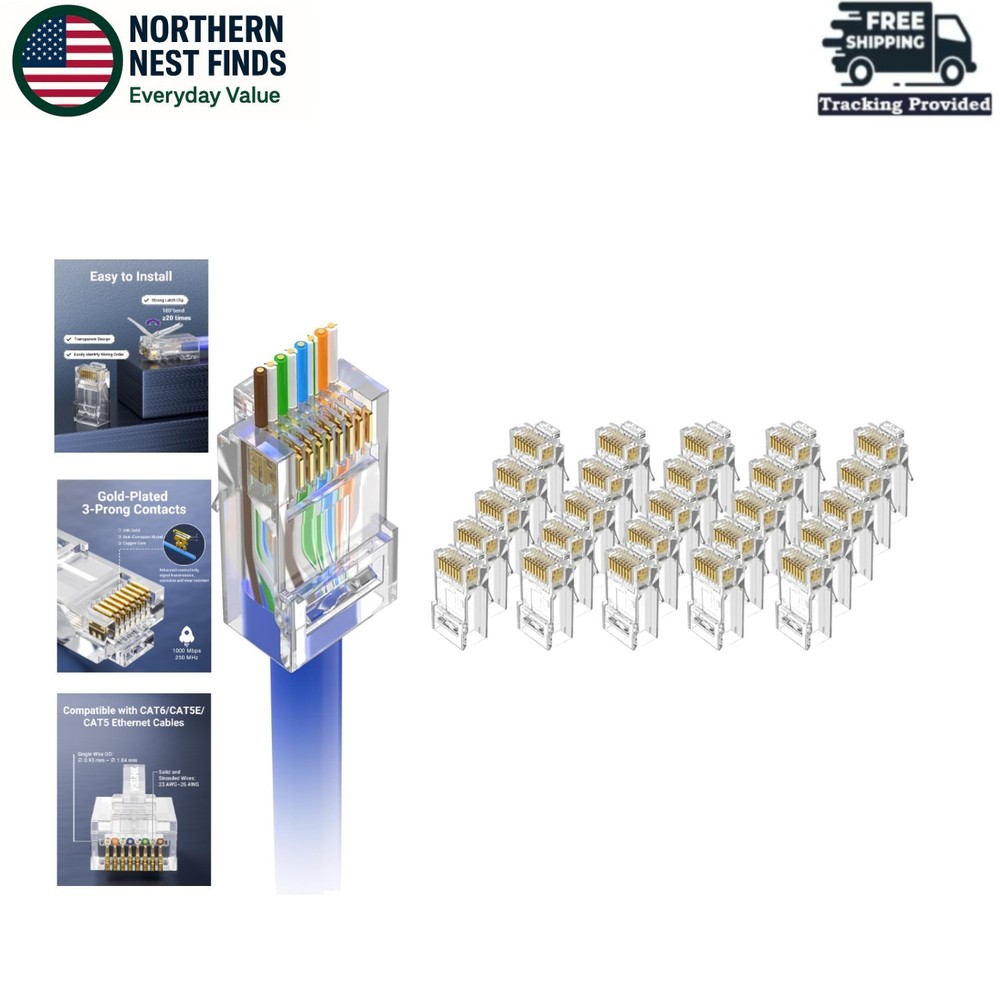 User-Friendly 25-Pack RJ45 Cat6 Connectors for Solid or Stranded Network Cables