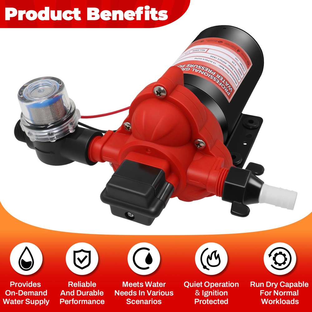 RV Water Pump 12V DC Pressure 4GPM 45 PSI Self-Priming for RV/Marine/Garden
