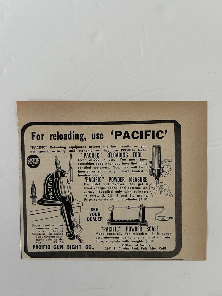 Vintage 1950 Print Ad Pacific Gun Sight Co. Pacific Reloading Tools Ad Only