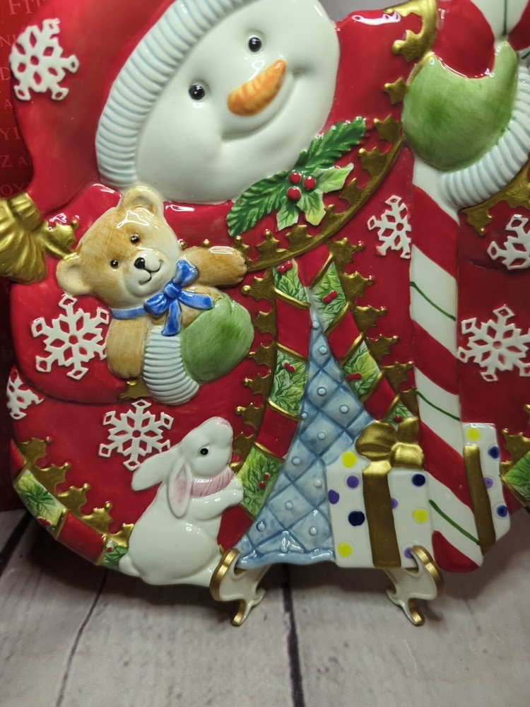Fitz & Floyd Retired Snowman Serving Plate Bunny teddy bear present With box