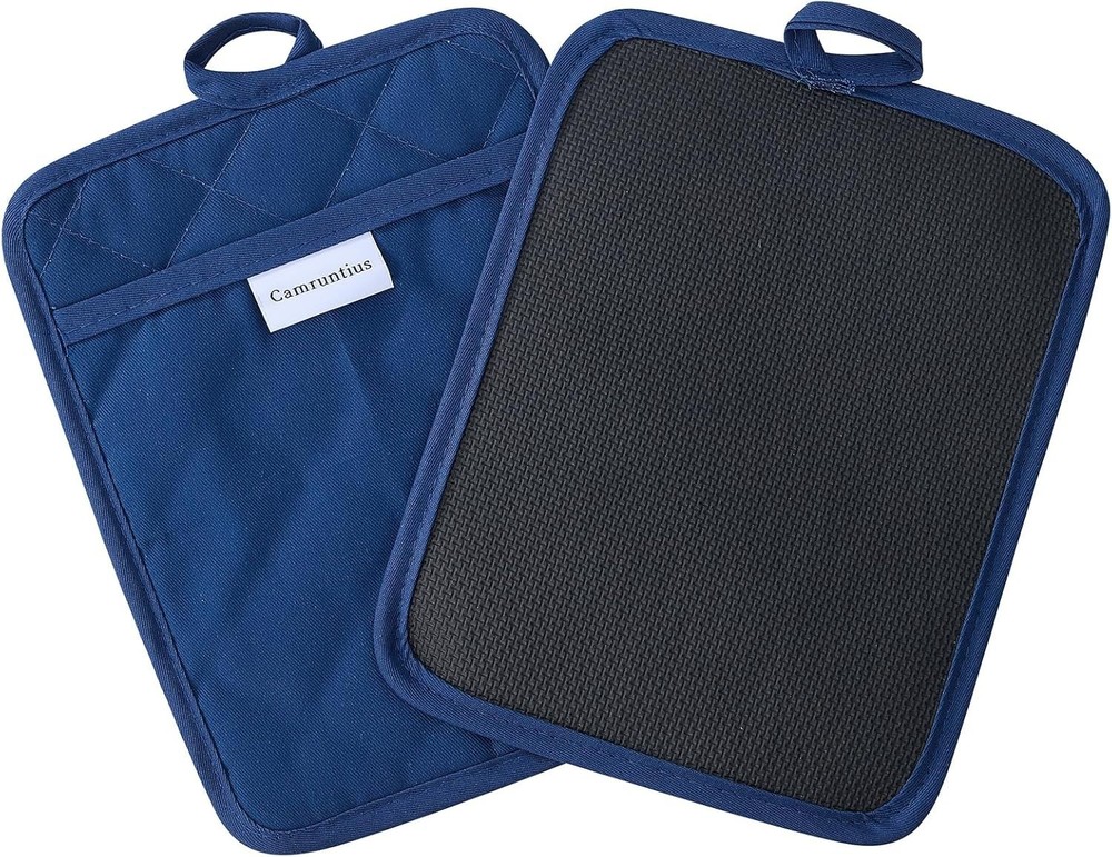 3-Pcs Kitchen Pot Holders 7"x9" Rectangular Pocket Cotton & Neoprene Navy Blue