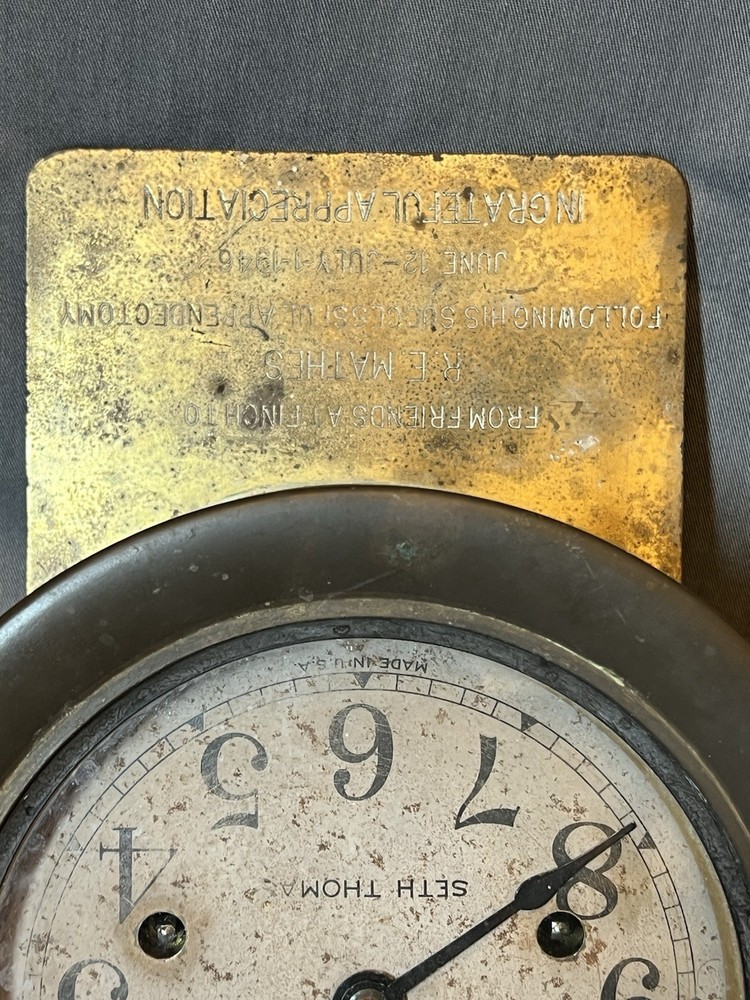 UNUSUAL WWII ERA Seth Thomas ship's clock & with presentation plaque attached