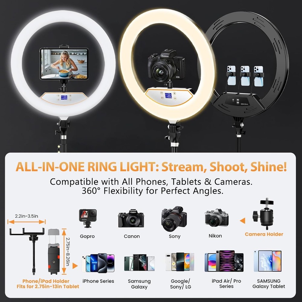 22'' Ring Light with 75'' Tripod Stand, LED Display