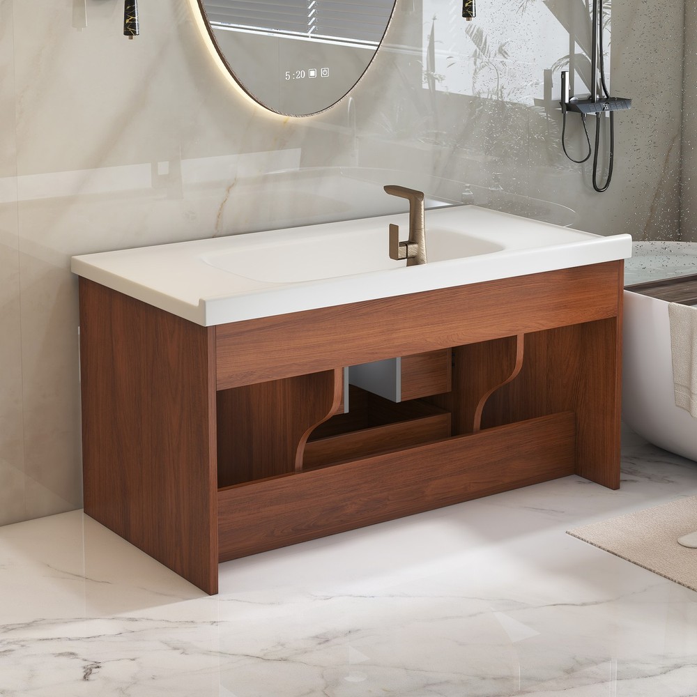 35.4" Bathroom Vanity w/Ceramic Sink Modern Wall-Mounted Storage Cabinet Walnut