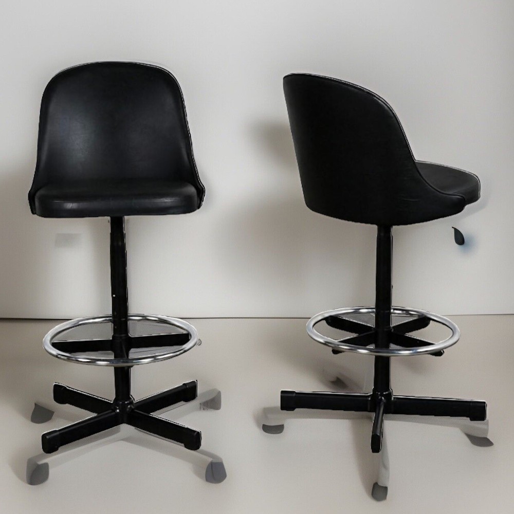 Pair Samsonite MCM Black Vinyl Chrome Adjustable Bar Counter Stools Vintage EXC
