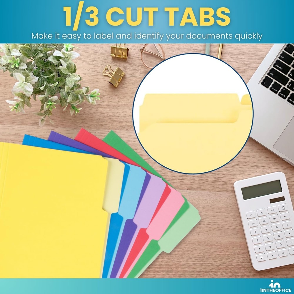 1InTheOffice Colored File Folders, Top-Tab File Folders, 3 Tab, 5 Assorted Co...