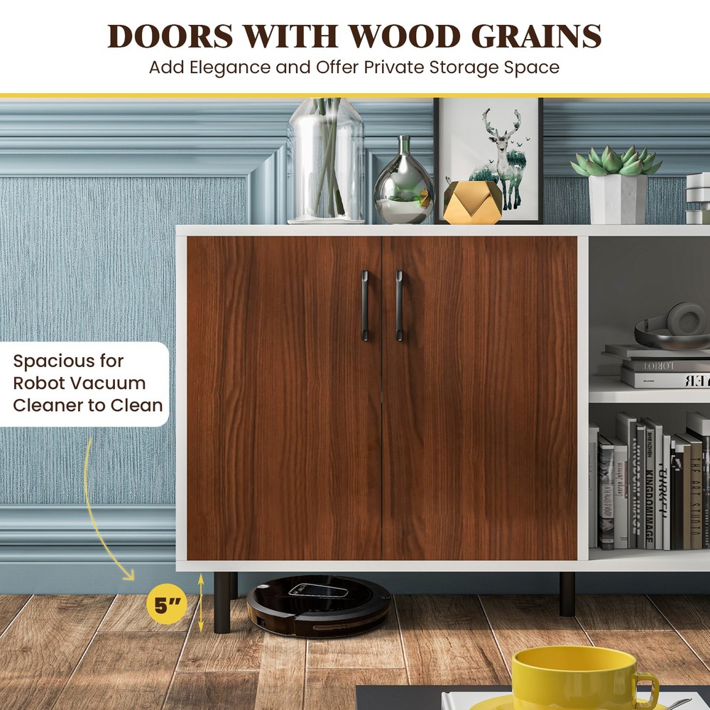 Modern Sideboard Cabinet w/ Spacious Tabletop & Multiple Shelves Walnut White