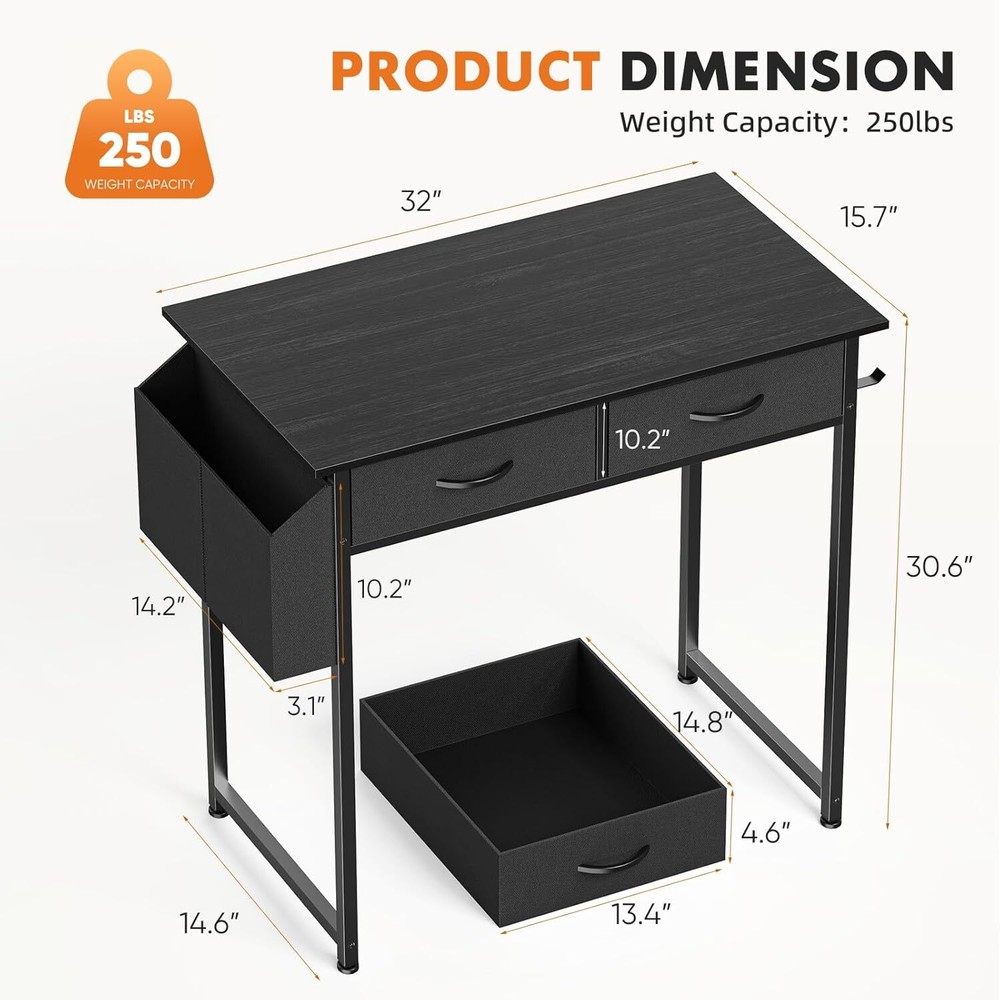 Small Computer Desk for Home Office, 32" Working PC Table with 2 Fabric Drawers