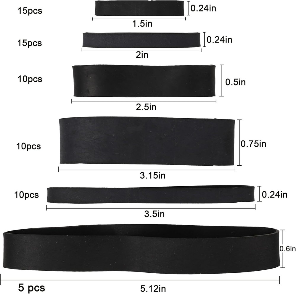65-Piece Assorted Black Rubber Bands - 6 Sizes for Office and Tactical Use