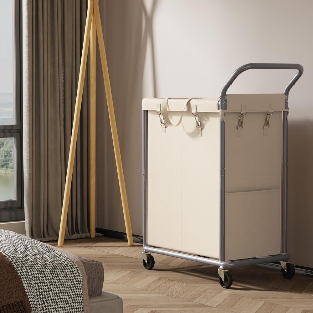 Laundry Hamper 2 Section Rolling Laundry Basket W/ Wheels Laundry Cart New