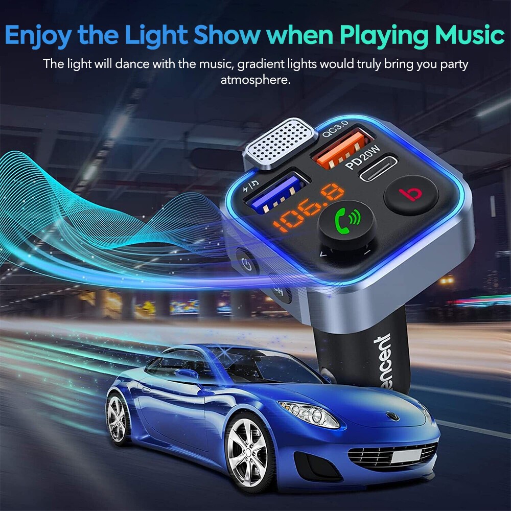 Bluetooth 5.0 Car Wireless FM Transmitter Adapter 2 USB PD Charger Hands-Free