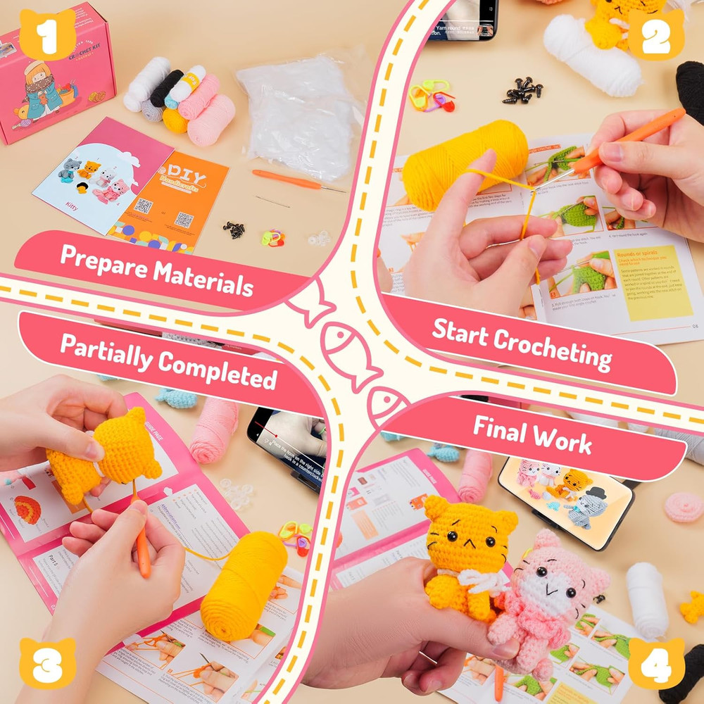 Crochet Kit for Beginners - Cat Crochet Kit with Step-by-Step Video Tutorials, L