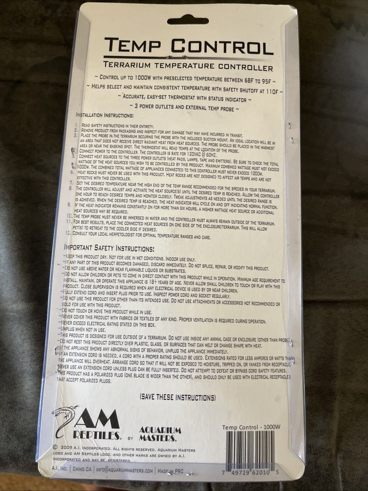 Reptile Terrarium Temperature Controller 1000W - External Probe Open Box