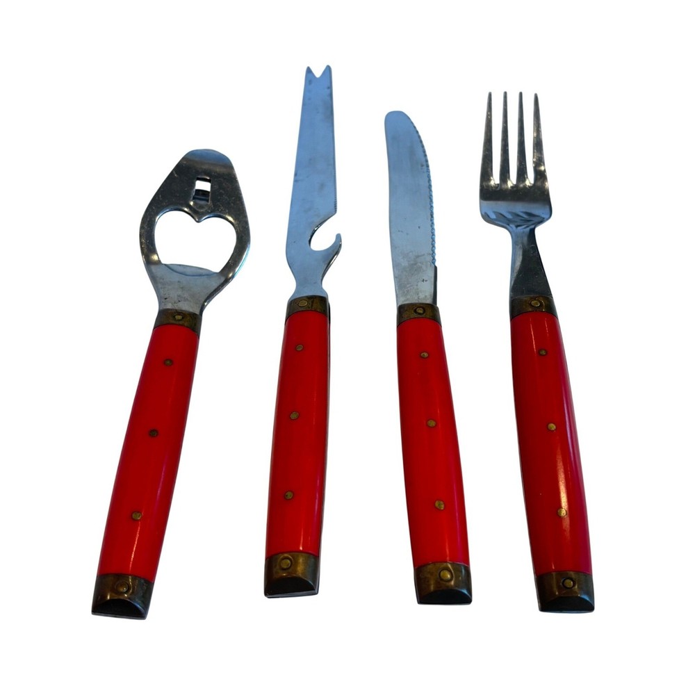 Vtg Melron Flatware Bistro Pattern Red Brass Bottle Opener Fork Knife Stainless