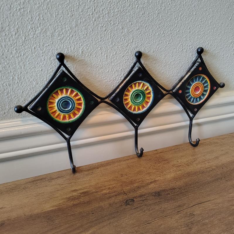 Vtg 90s Wrought Iron Ceramic Celestial Sun Coat Hanger Multicolor 3 Hooks Boho