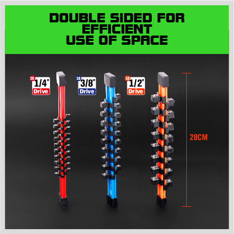 3PC Socket Organizer Sliding Holder Rail Mountable 1/4" 3/8" 1/2" Tool Storage