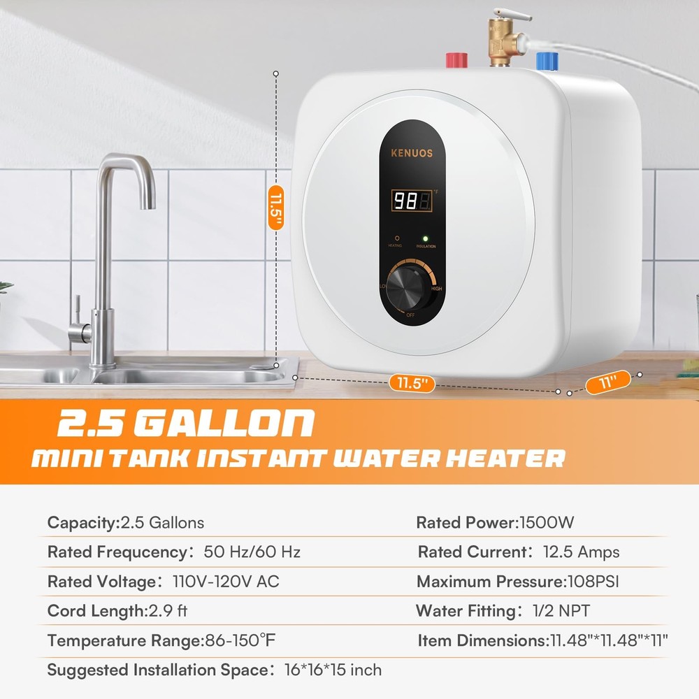 Under Sink Instant Hot Water Heater,2.5 Gallon Mini Tank Water Heaters with L...