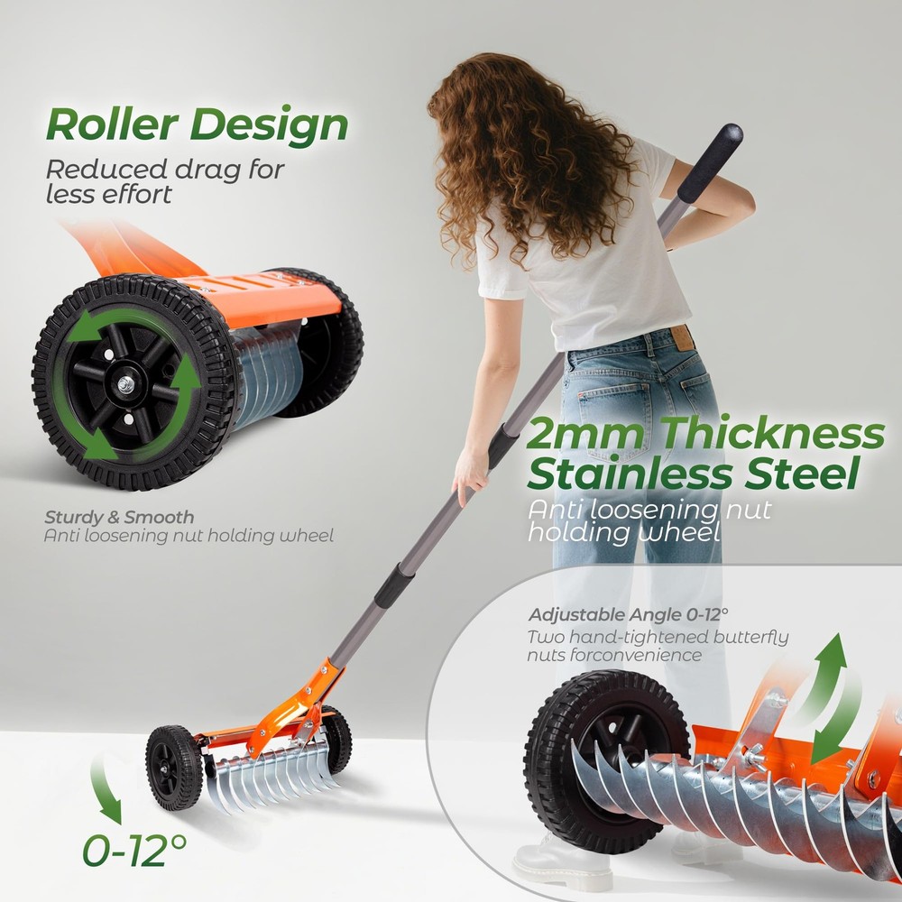 Dethatching Roller Rake Lawn Thatch Remover with Adjustable Handle Steel Blades