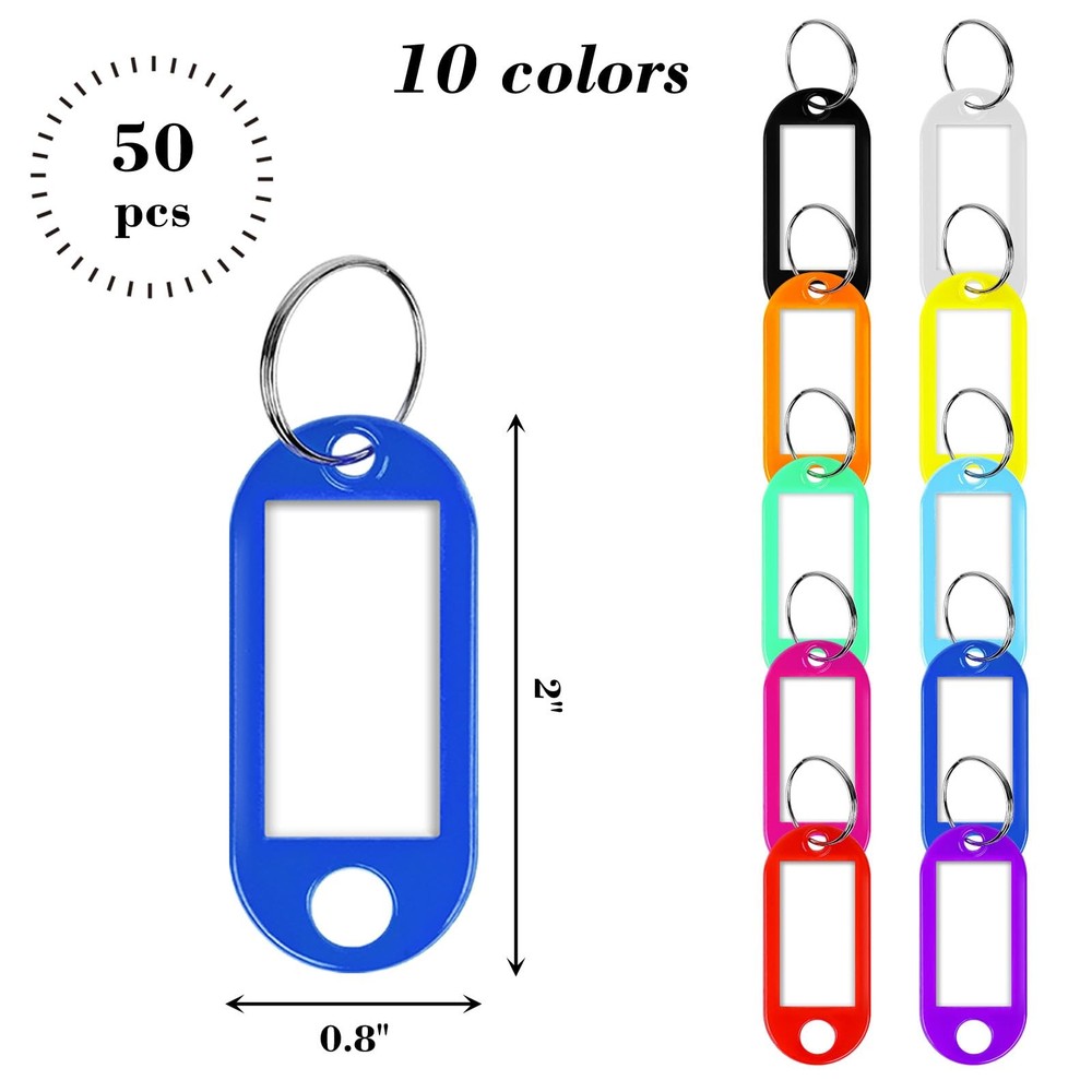 SallyFashion 50 PCS Plastic Key Tags with Split Ring, Label Medium, Multi