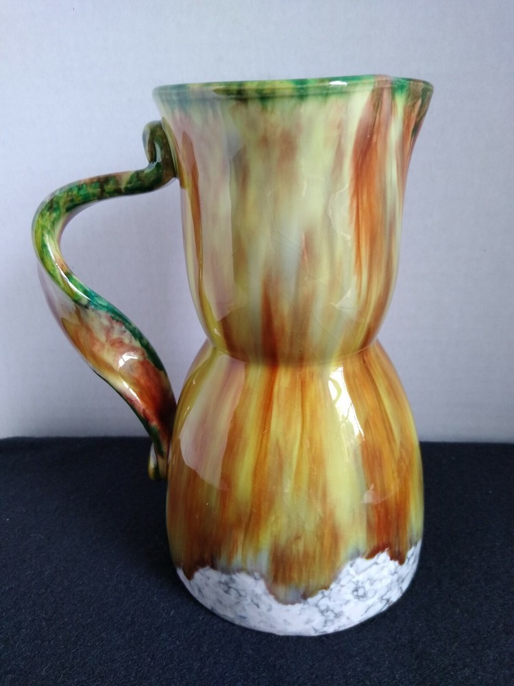 Studio Art Pottery Pitcher 7.5" Multicolor Drip Glaze Twisted Handle Italy