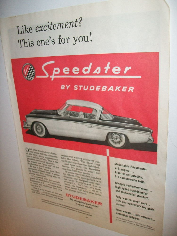 1955 Studebaker SPEEDSTER race-program car ad- "Like excitement?..."