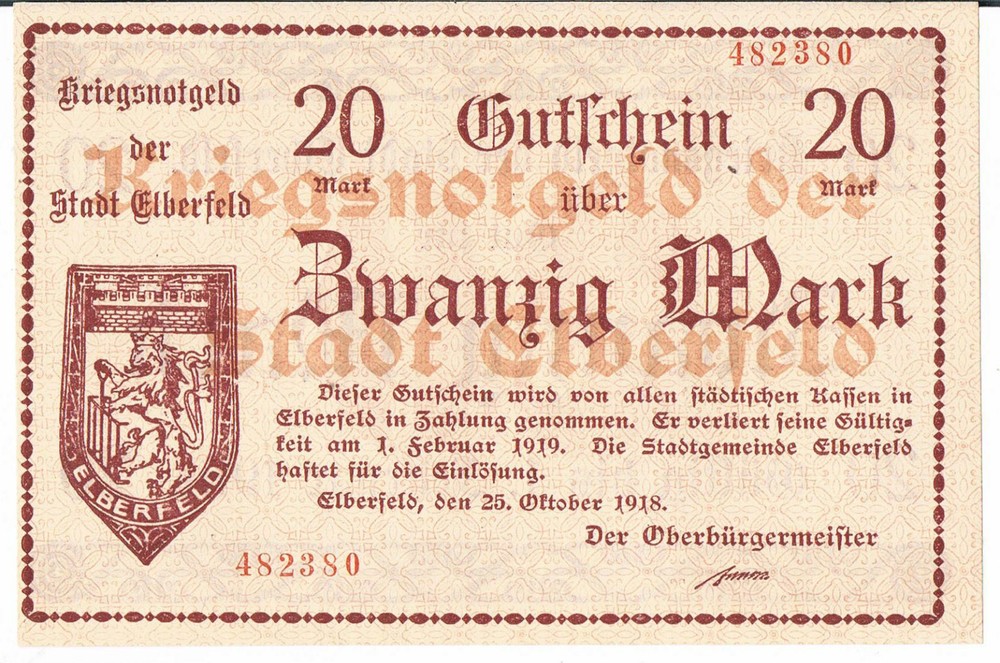 GERMANY NOTGELD ELBERFELD 20 MARKS 23.10.1918   UNC