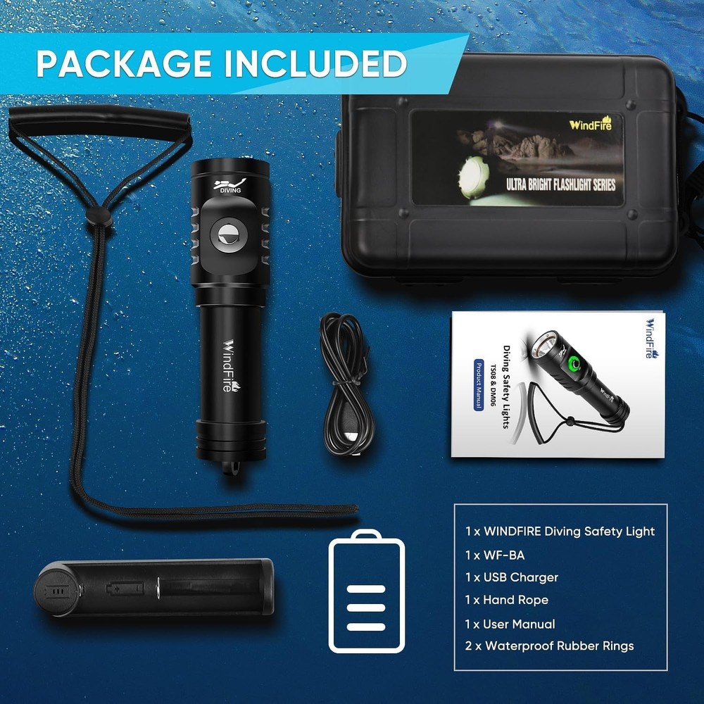Dive Light Scuba Diving Flashlight, Super Bright Rechargeable Waterproof Torc...